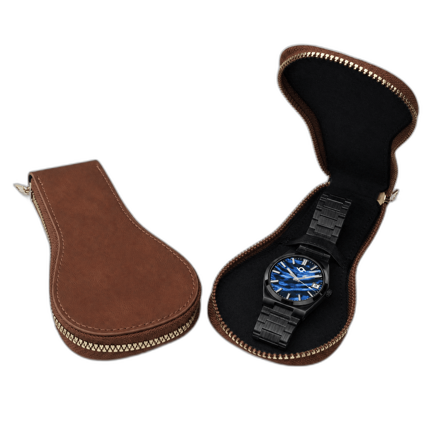 Studio 96 brown travel watch case, open with watch inside