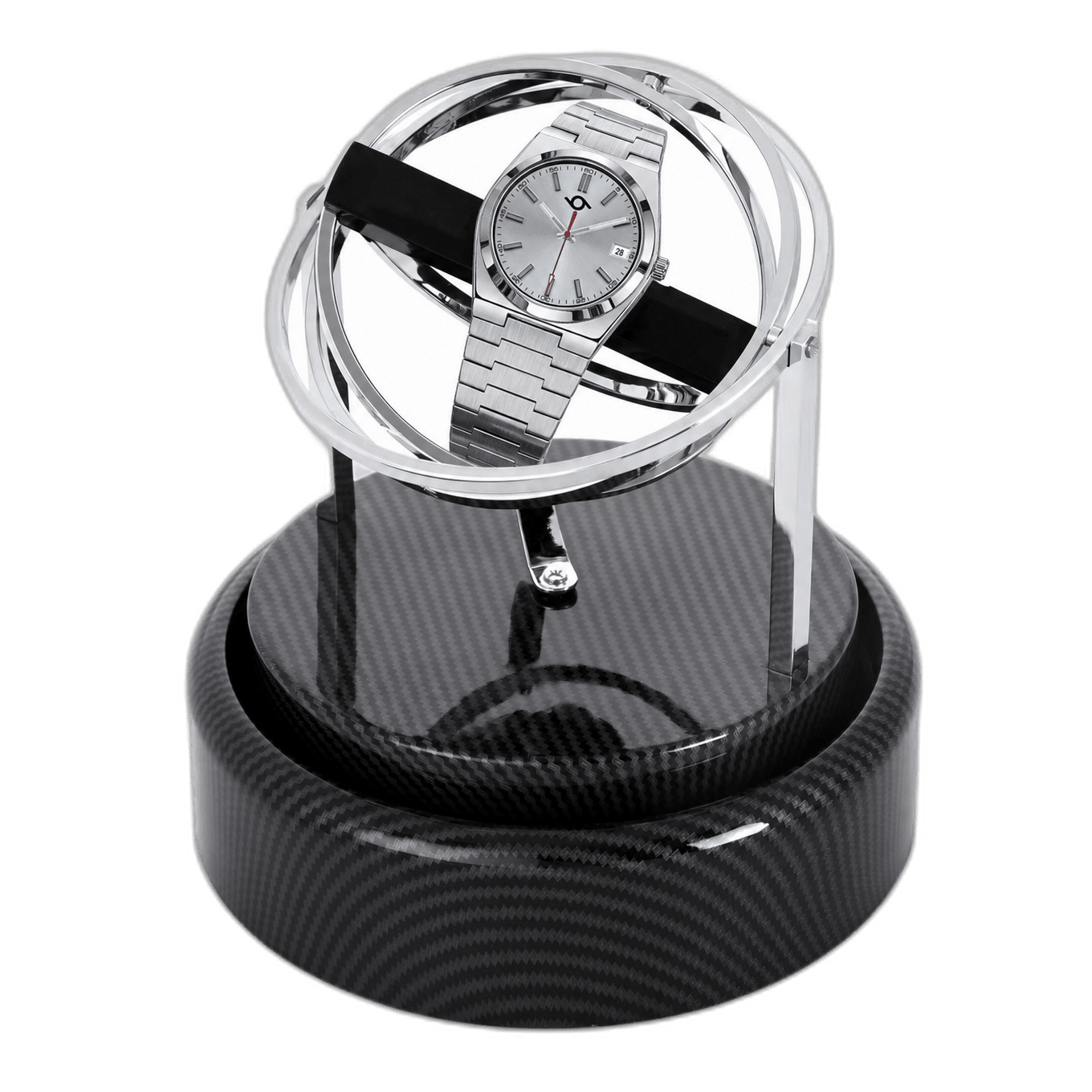Studio 96 automatic watch winder in silver, angled view
