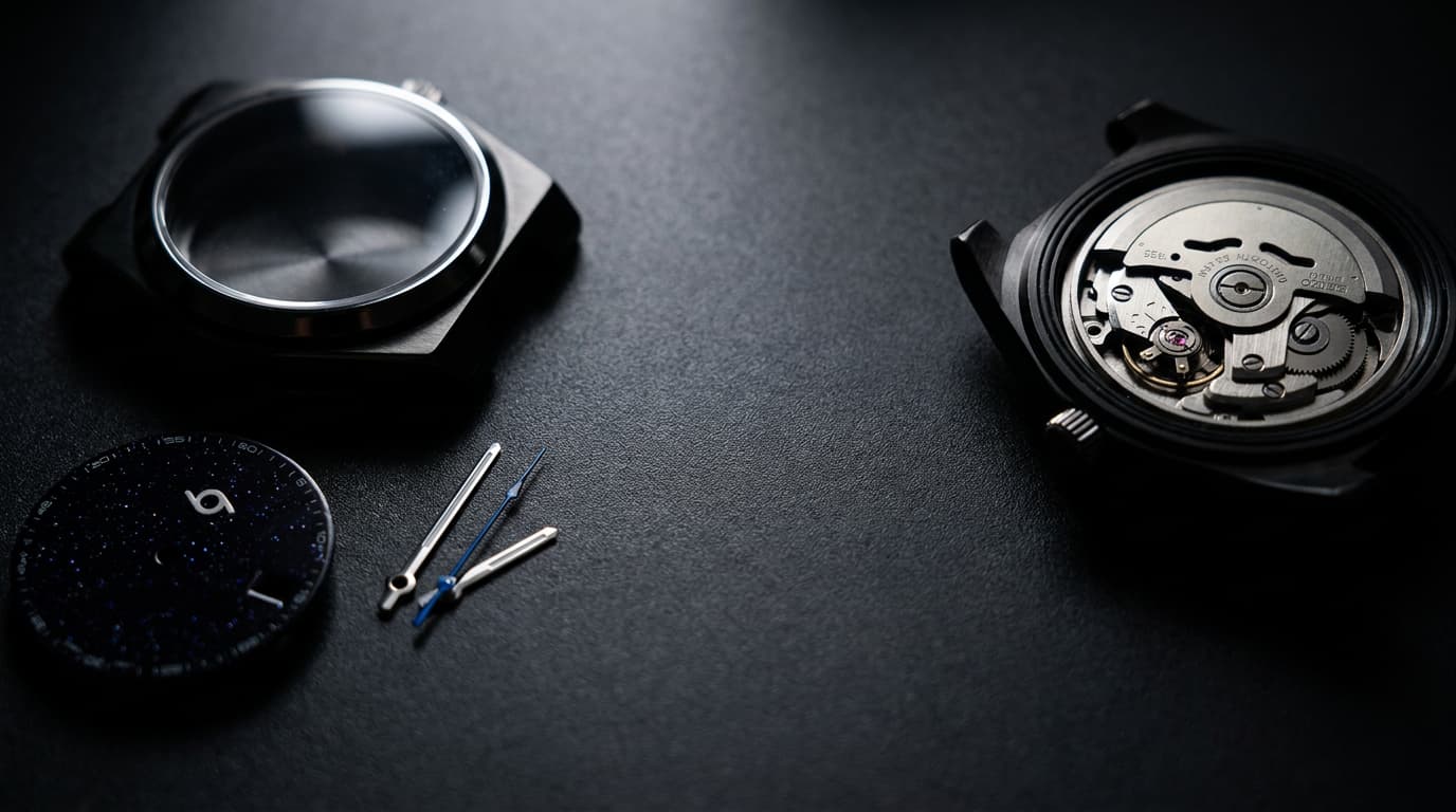 A disassembled luxury watch with a black case, a visible mechanical movement, a separate black dial, and two small screwdrivers on a dark textured surface.