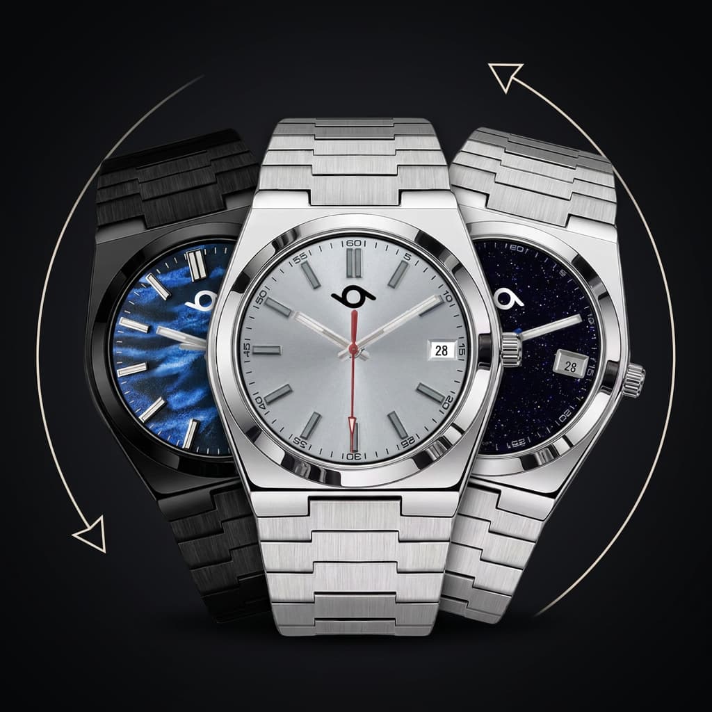 Three wristwatches arranged in a fan shape on a black background. The center watch is silver-toned with a silver link bracelet and a silver dial with a red second hand.