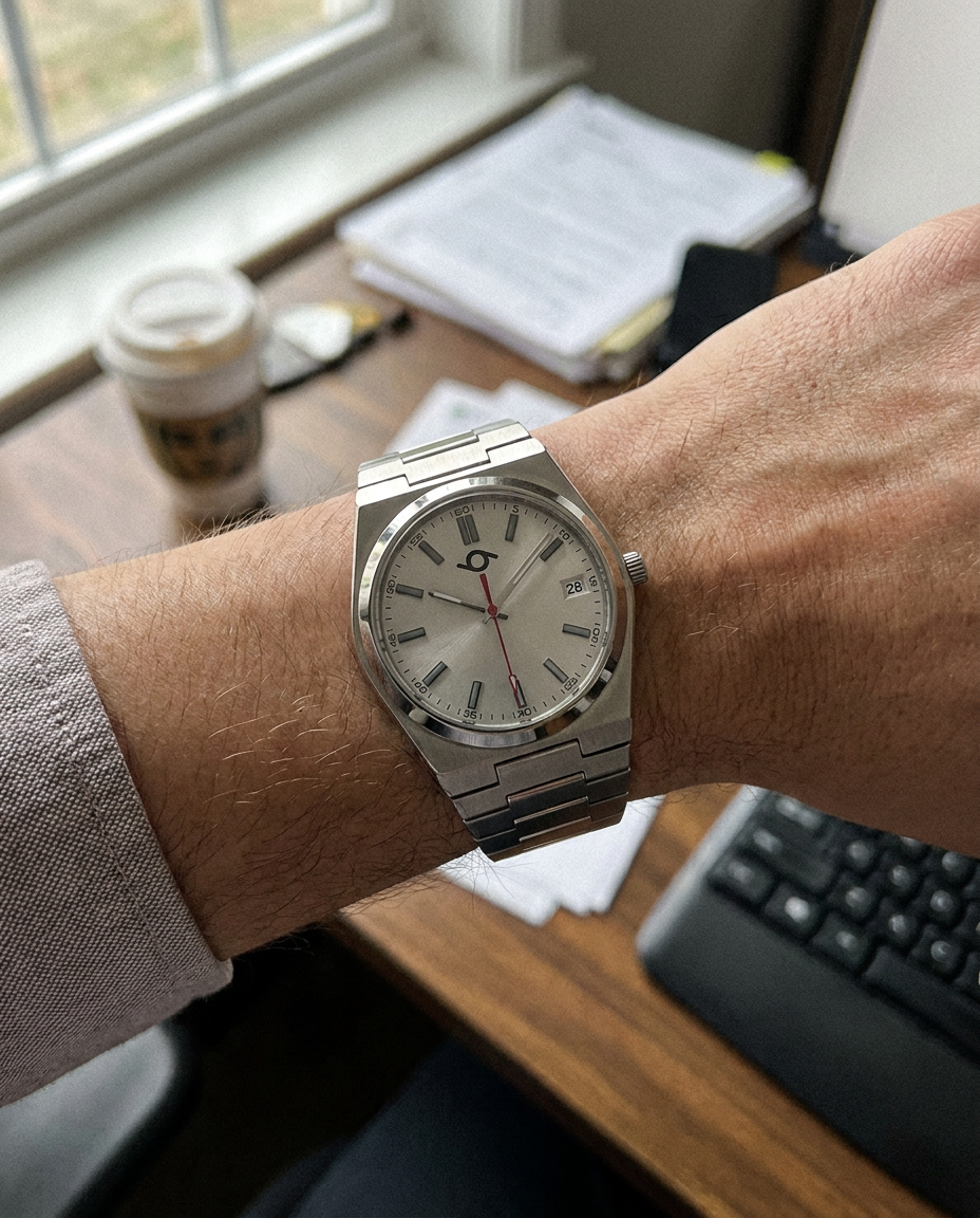 A silver stainless steel wristwatch with a silver dial and date window, worn on a person's wrist in an office setting with a desk, keyboard, and coffee cup visible in the background.