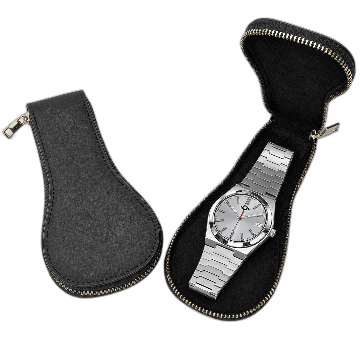 Studio 96 black travel watch case, open with watch inside