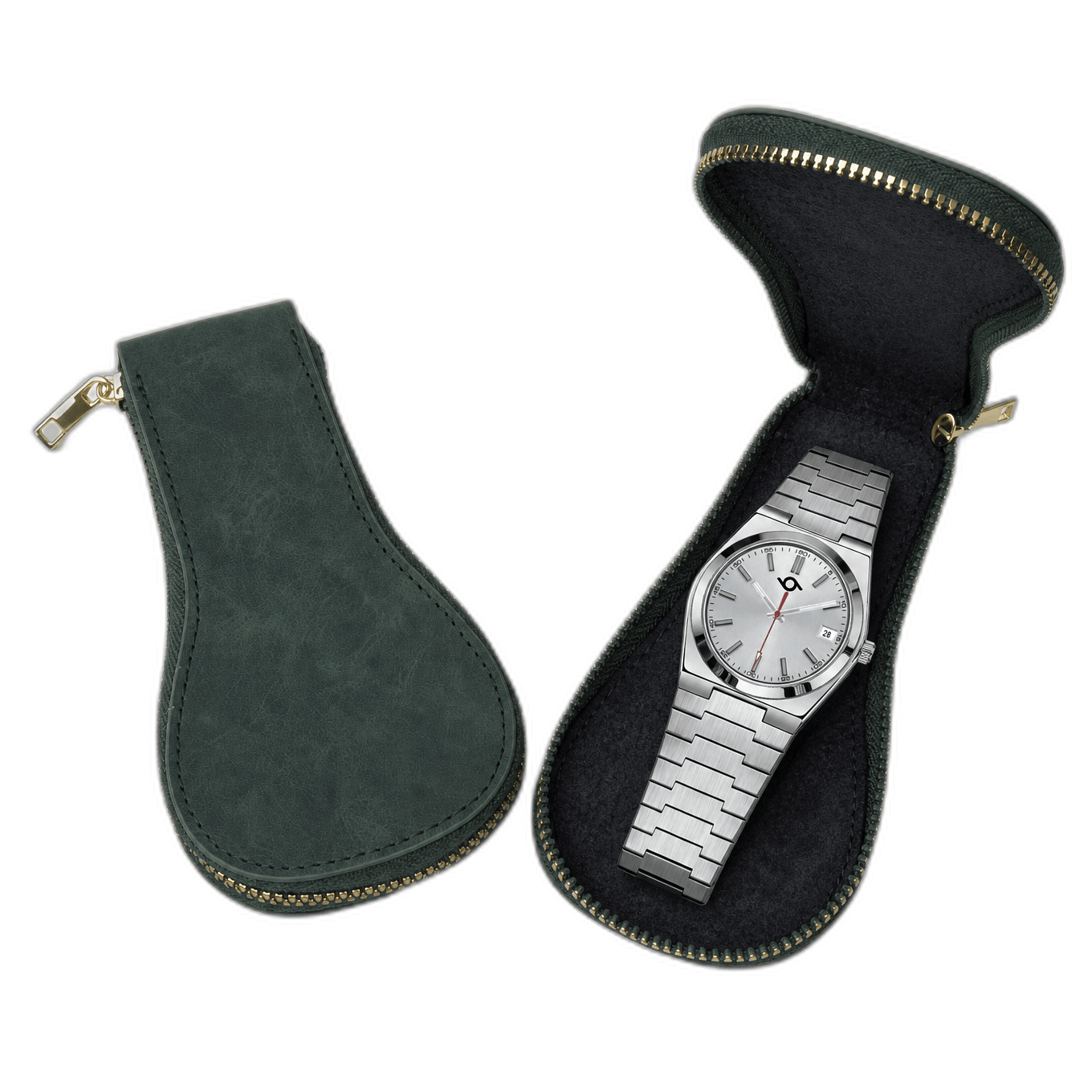 Studio 96 green travel watch case, open with watch inside