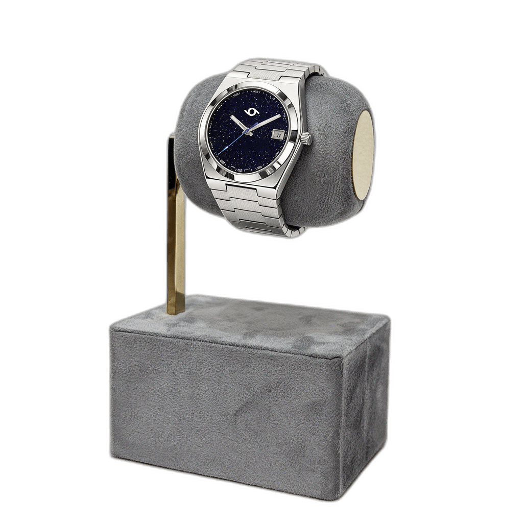 Studio 96 grey velvet watch stand with watch displayed