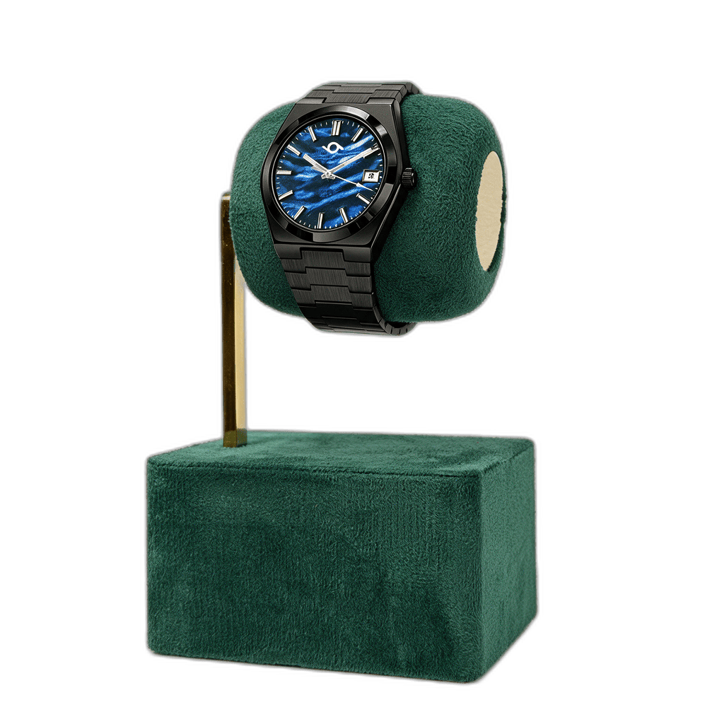 Studio 96 green velvet watch stand with watch displayed