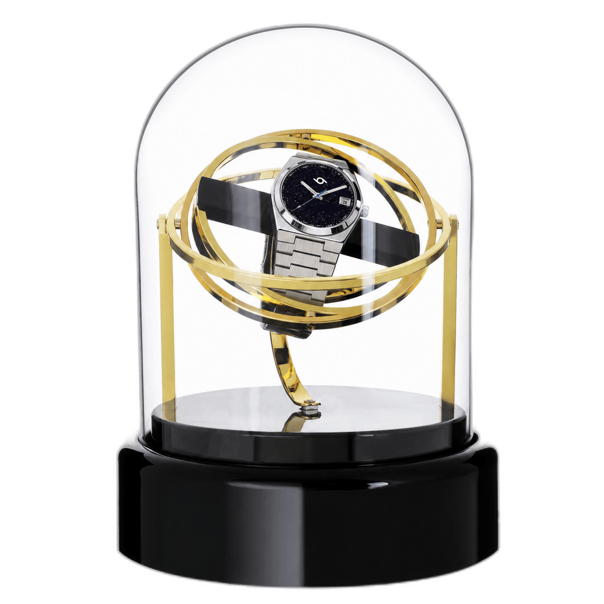 Studio 96 automatic watch winder in gold, front view with watch