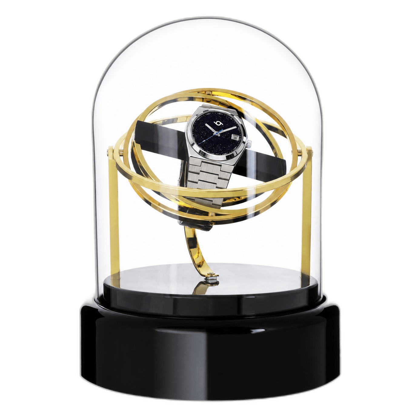 Studio 96 automatic watch winder in gold, front view with watch