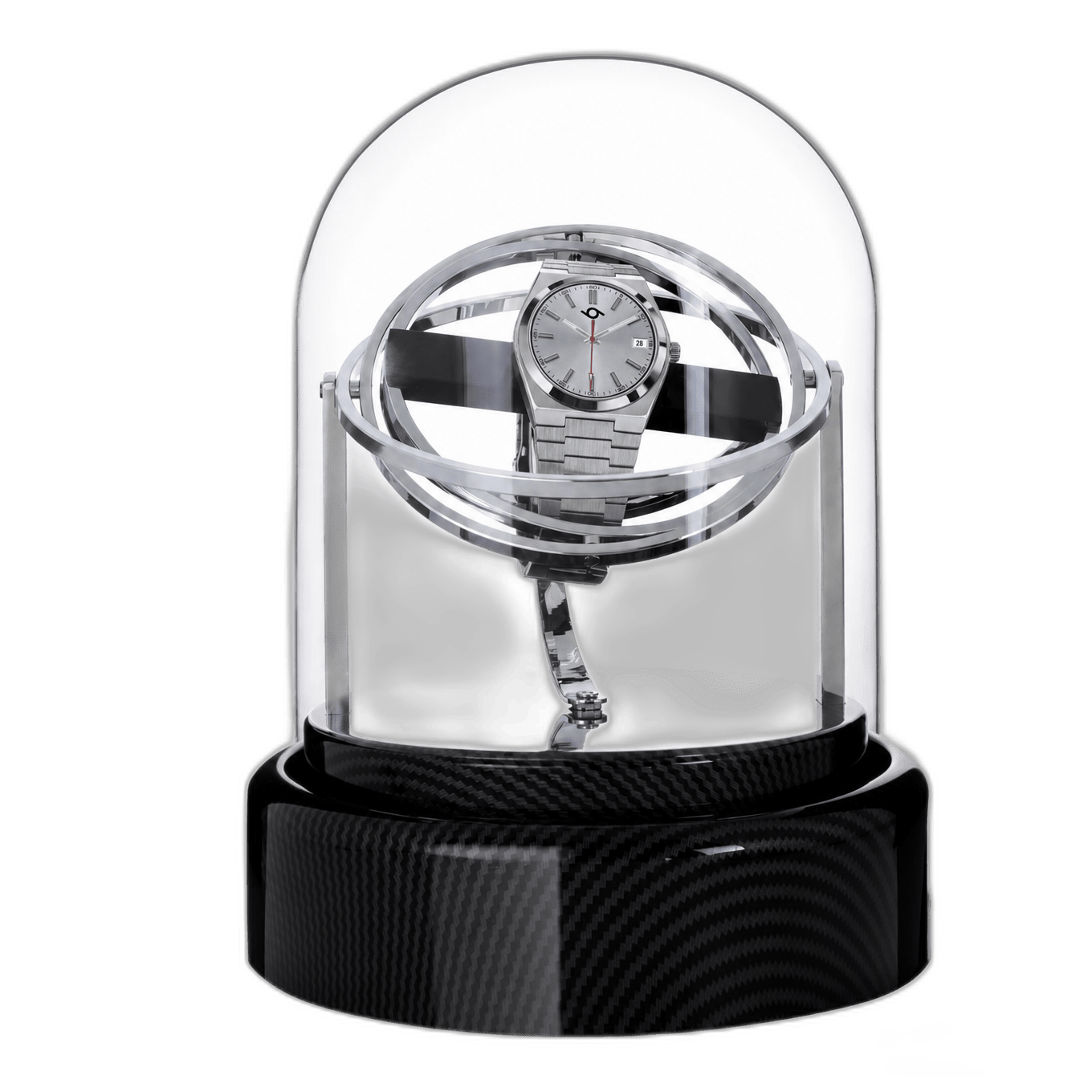 Studio 96 automatic watch winder in silver, front view with watch