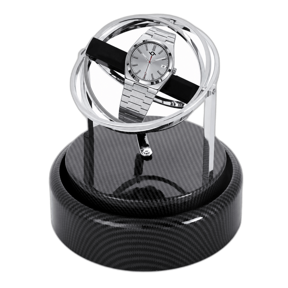 Studio 96 automatic watch winder in silver, angled view